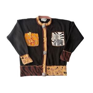 Vintage Jack B Quick Womans's African Animals Cardigan Elephant Zebra Large